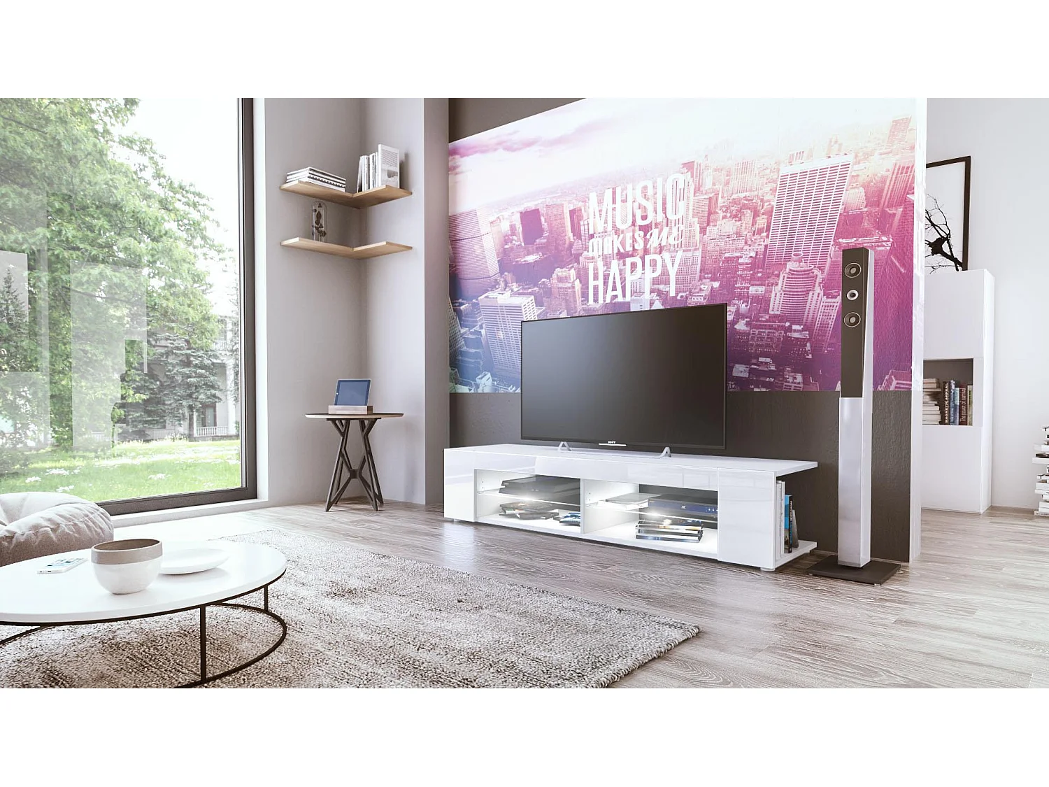Buffet bas Movie, Meuble TV avec 4 compartiments ouverts et placages décoratifs, Blanc mat/Blanc brillant, éclairage LED blanc inclus (134 x 29 x 39 cm)