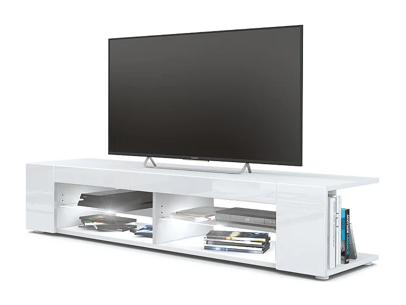 Buffet bas Movie, Meuble TV avec 4 compartiments ouverts et placages décoratifs, Blanc mat/Blanc brillant, éclairage LED blanc inclus (134 x 29 x 39 cm)