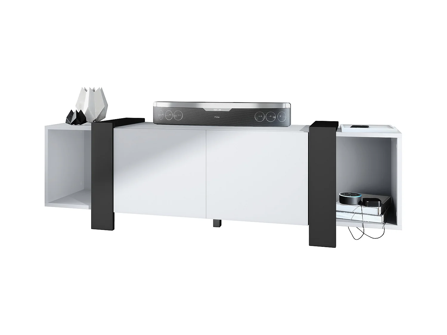 Lowboard Ida 149 x 45,5 x 34 cm Buffet TV avec 4 compartiments et portes PTO, caisson en blanc mat, façades en Noir mat | Grand choix de couleurs