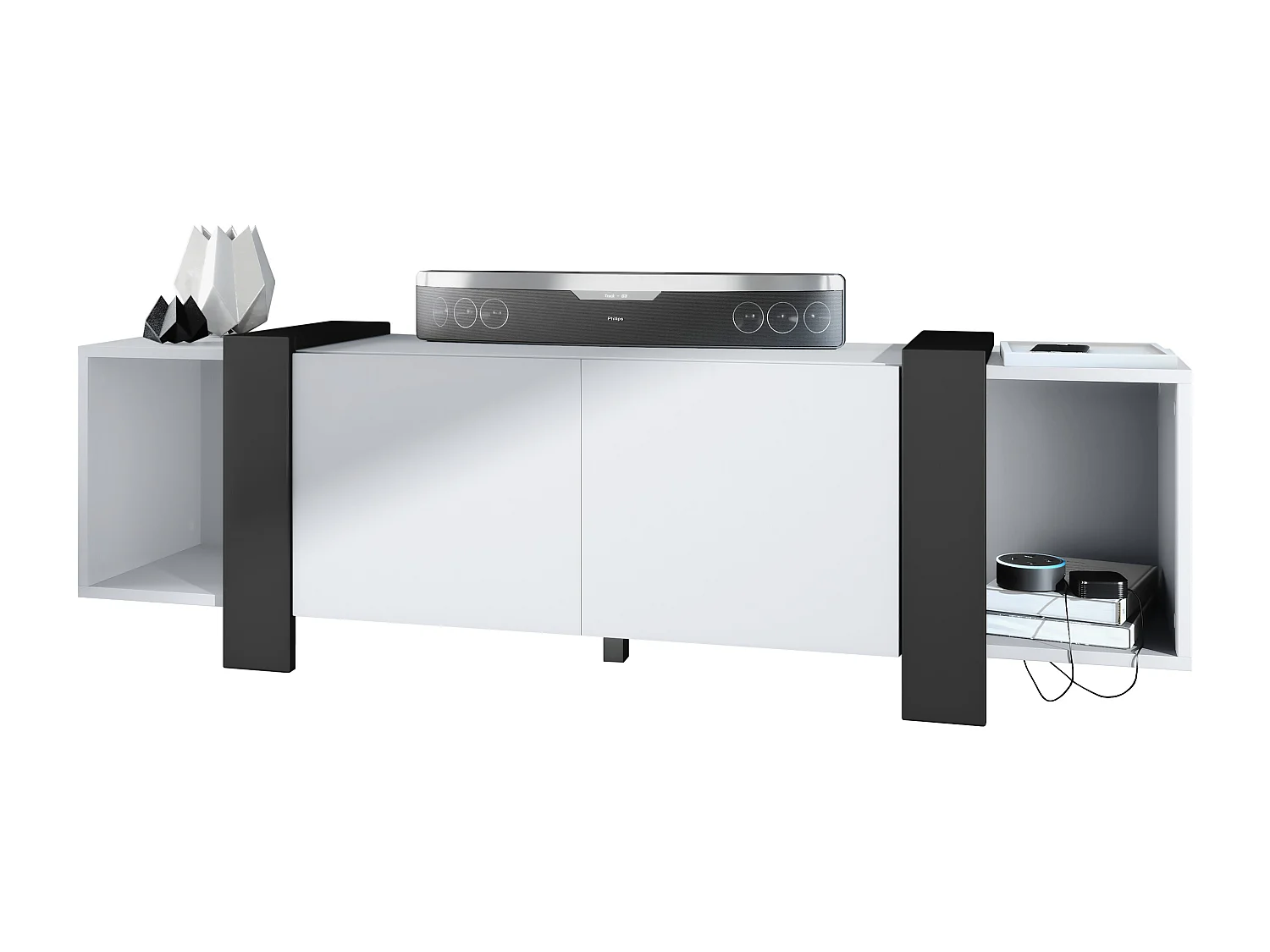 Lowboard Ida 149 x 45,5 x 34 cm Buffet TV avec 4 compartiments et portes PTO, caisson en blanc mat, façades en Noir mat | Grand choix de couleurs