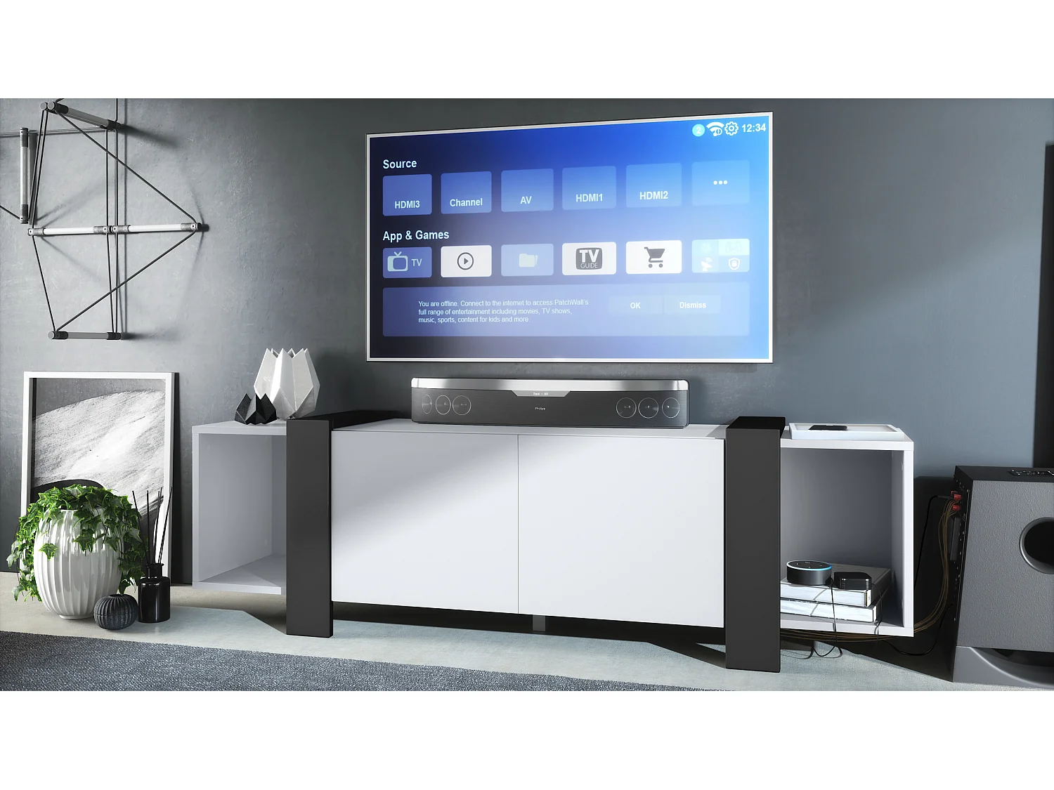 Lowboard Ida 149 x 45,5 x 34 cm Buffet TV avec 4 compartiments et portes PTO, caisson en blanc mat, façades en Noir mat | Grand choix de couleurs