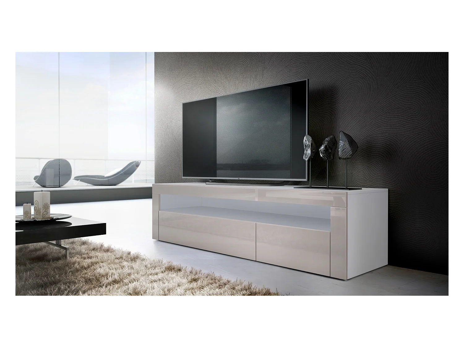 Buffet bas Valencia, Meuble TV avec 1 compartiment ouvert et 2 clapets, Blanc mat/gris sable haute brillance/gris sable haute brillance (155 x 46 x 40 cm)