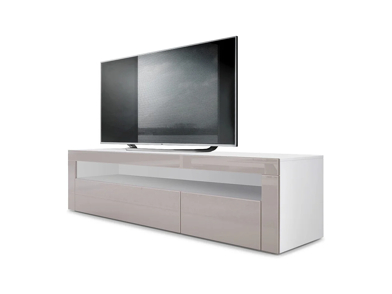 Buffet bas Valencia, Meuble TV avec 1 compartiment ouvert et 2 clapets, Blanc mat/gris sable haute brillance/gris sable haute brillance (155 x 46 x 40 cm)