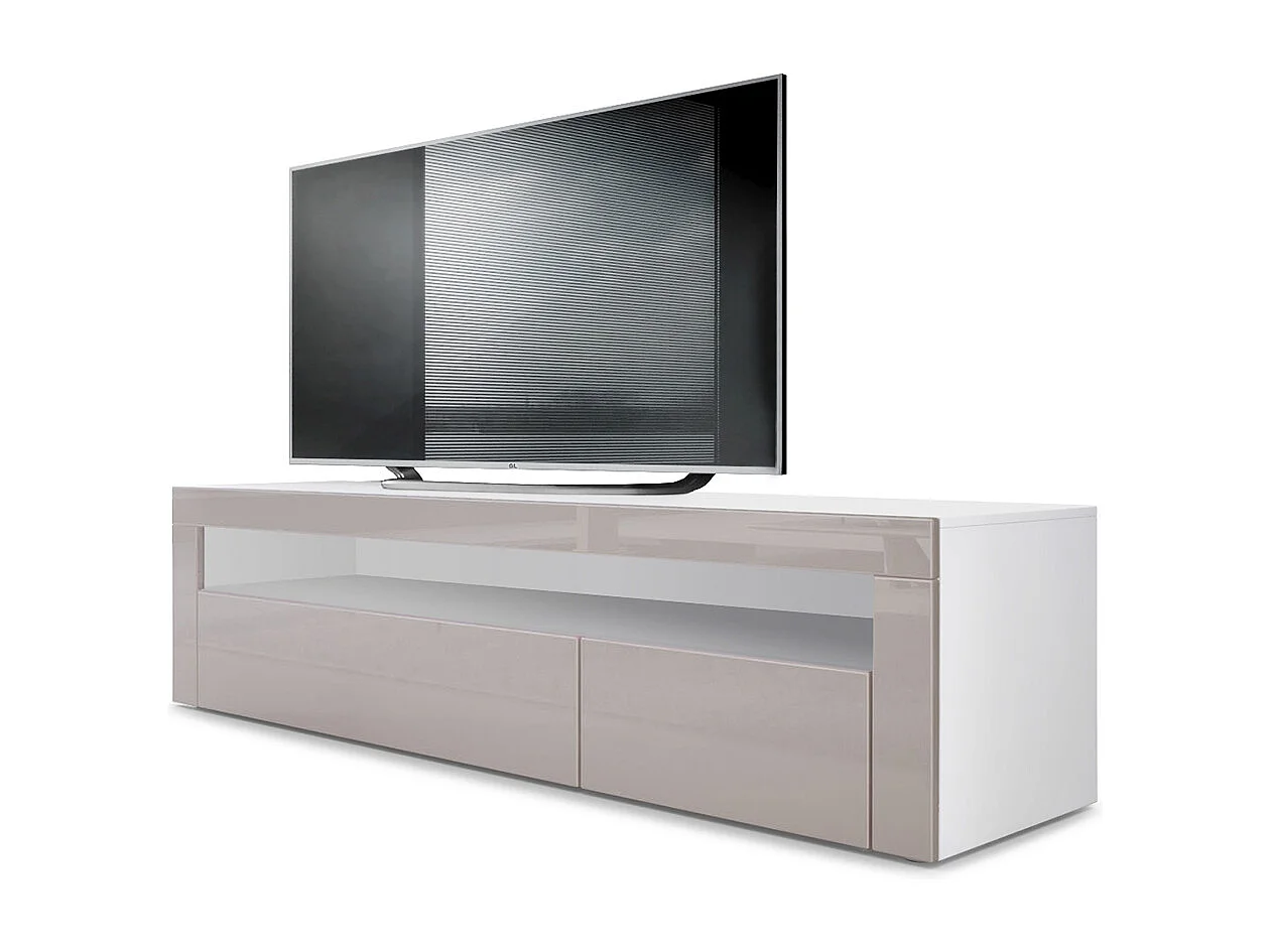 Buffet bas Valencia, Meuble TV avec 1 compartiment ouvert et 2 clapets, Blanc mat/gris sable haute brillance/gris sable haute brillance (155 x 46 x 40 cm)