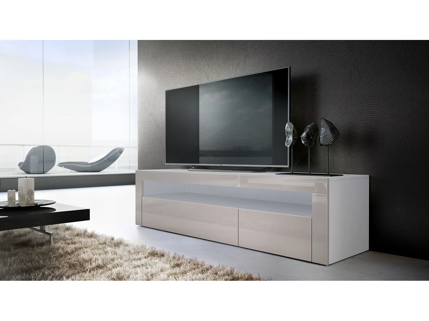 Buffet bas Valencia, Meuble TV avec 1 compartiment ouvert et 2 clapets, Blanc mat/gris sable haute brillance/gris sable haute brillance (155 x 46 x 40 cm)