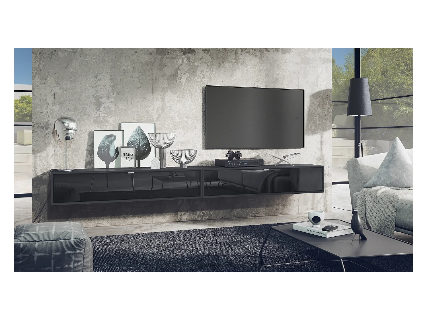 Ensemble de 2 set meuble TV Lana 140, lowboards de 140x29x37 cm chacun avec beaucoup d'espace de rangement, caisson en Noir mat, façades en Noir brillant