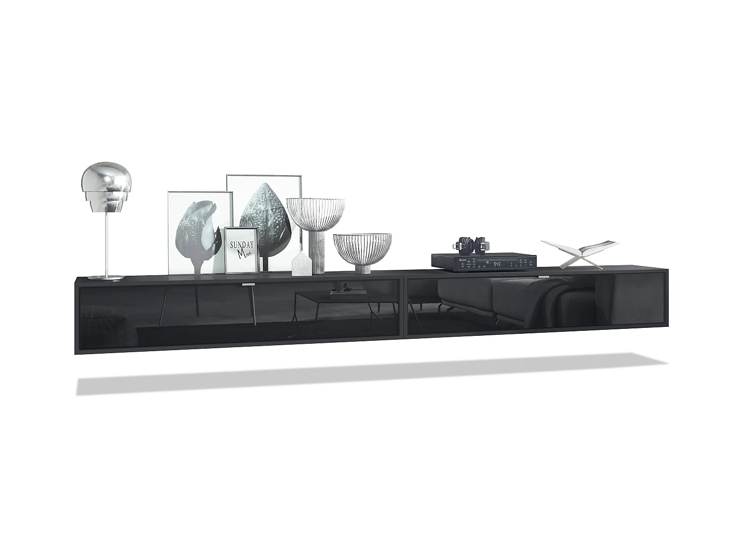 Ensemble de 2 set meuble TV Lana 140, lowboards de 140x29x37 cm chacun avec beaucoup d'espace de rangement, caisson en Noir mat, façades en Noir brillant
