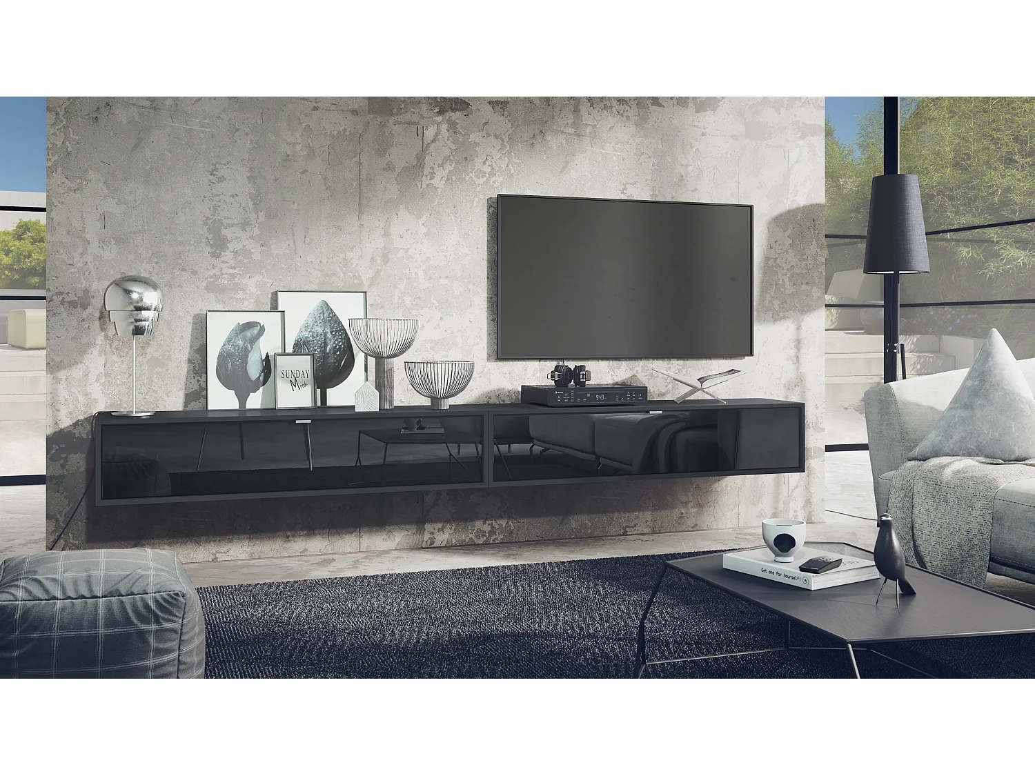 Ensemble de 2 set meuble TV Lana 140, lowboards de 140x29x37 cm chacun avec beaucoup d'espace de rangement, caisson en Noir mat, façades en Noir brillant