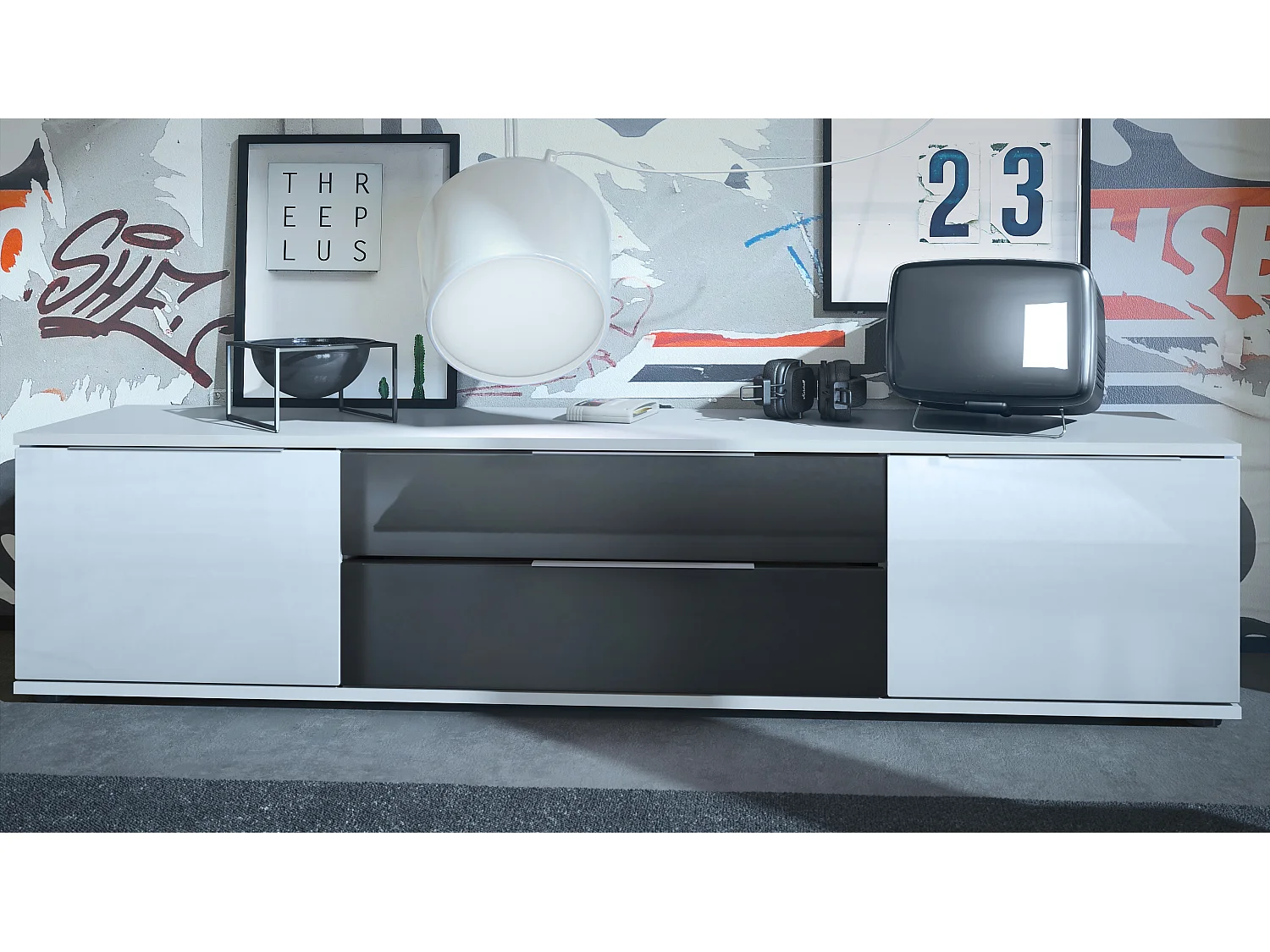 Tavolino TV Linio V2, tavolo TV con 2 ante e 2 cassetti - Bianco / nero lucido (166,5 x 37,5 x 35 cm)