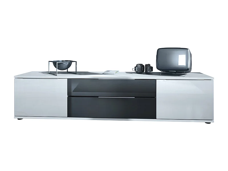 Tavolino TV Linio V2, tavolo TV con 2 ante e 2 cassetti - Bianco / nero lucido (166,5 x 37,5 x 35 cm)