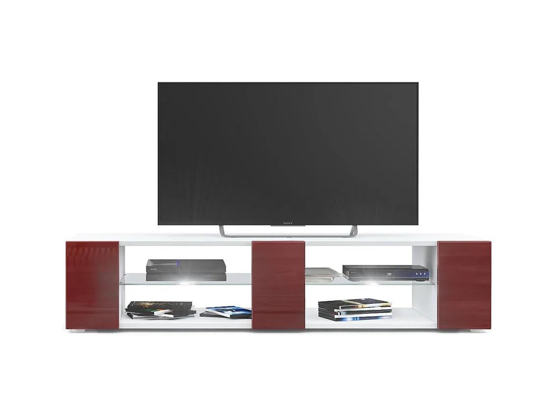 Buffet bas Movie V2, Meuble TV avec 6 compartiments ouverts et placages décoratifs, Blanc mat/Bordeaux brillant, éclairage LED blanc inclus (134 x 29 x 39 cm)
