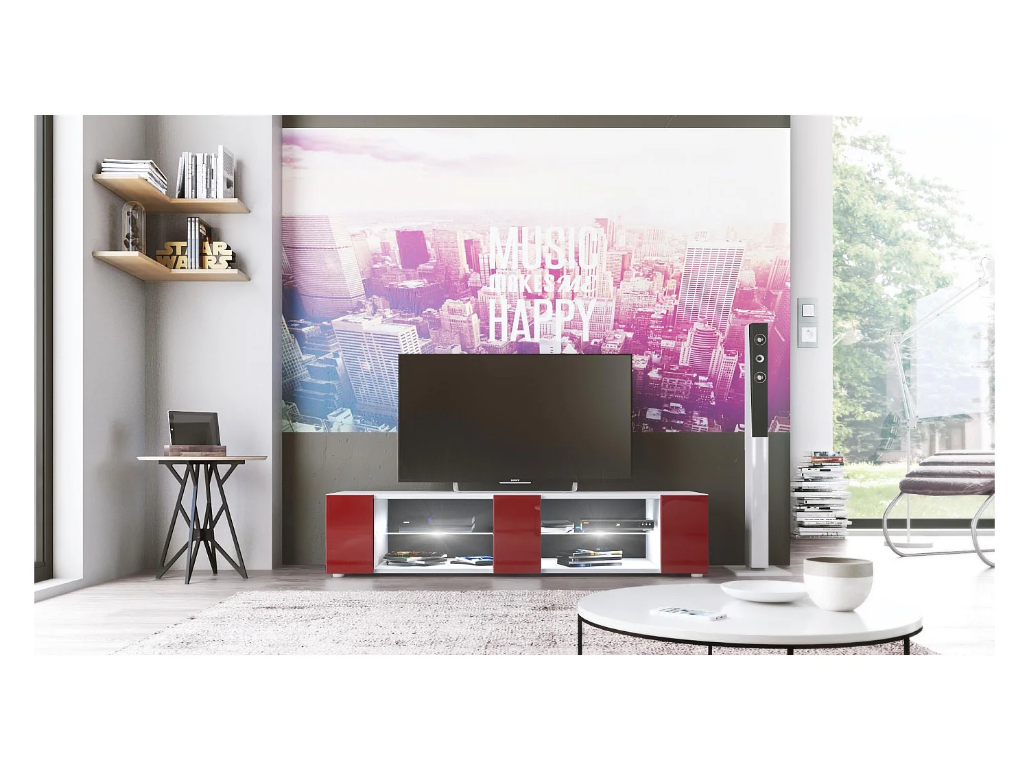Buffet bas Movie V2, Meuble TV avec 6 compartiments ouverts et placages décoratifs, Blanc mat/Bordeaux brillant, éclairage LED blanc inclus (134 x 29 x 39 cm)