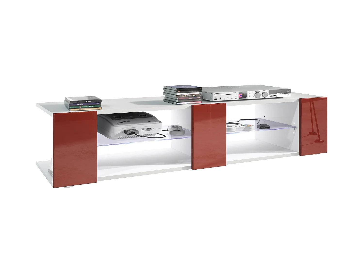 Buffet bas Movie V2, Meuble TV avec 6 compartiments ouverts et placages décoratifs, Blanc mat/Bordeaux brillant, éclairage LED blanc inclus (134 x 29 x 39 cm)