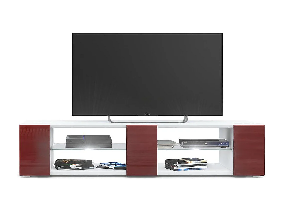 Buffet bas Movie V2, Meuble TV avec 6 compartiments ouverts et placages décoratifs, Blanc mat/Bordeaux brillant, éclairage LED blanc inclus (134 x 29 x 39 cm)