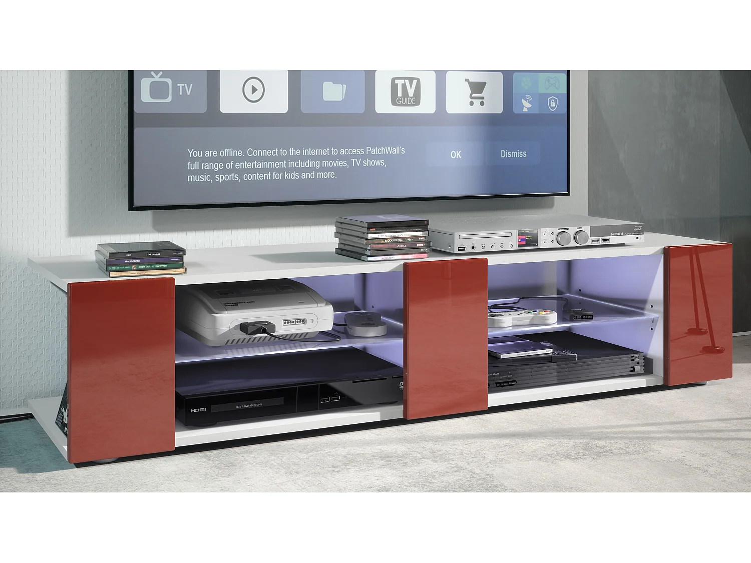 Buffet bas Movie V2, Meuble TV avec 6 compartiments ouverts et placages décoratifs, Blanc mat/Bordeaux brillant, éclairage LED blanc inclus (134 x 29 x 39 cm)