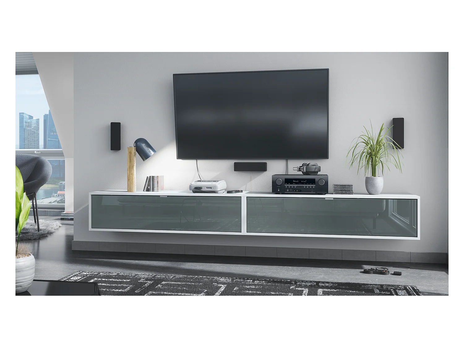 Ensemble de 2 set meuble TV Lana 120, lowboards de 120x29x37 cm chacun avec beaucoup d'espace de rangement, caisson en Blanc mat, façades en Gris brillant