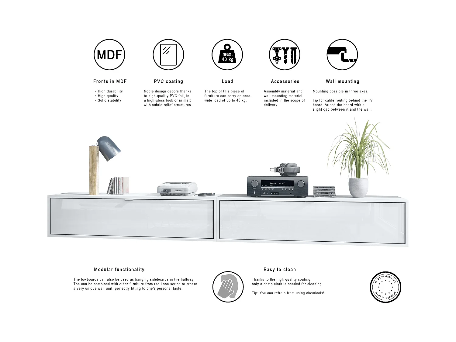 Ensemble de 2 set meuble TV Lana 120, lowboards de 120x29x37 cm chacun avec beaucoup d'espace de rangement, caisson en Blanc mat, façades en Gris brillant