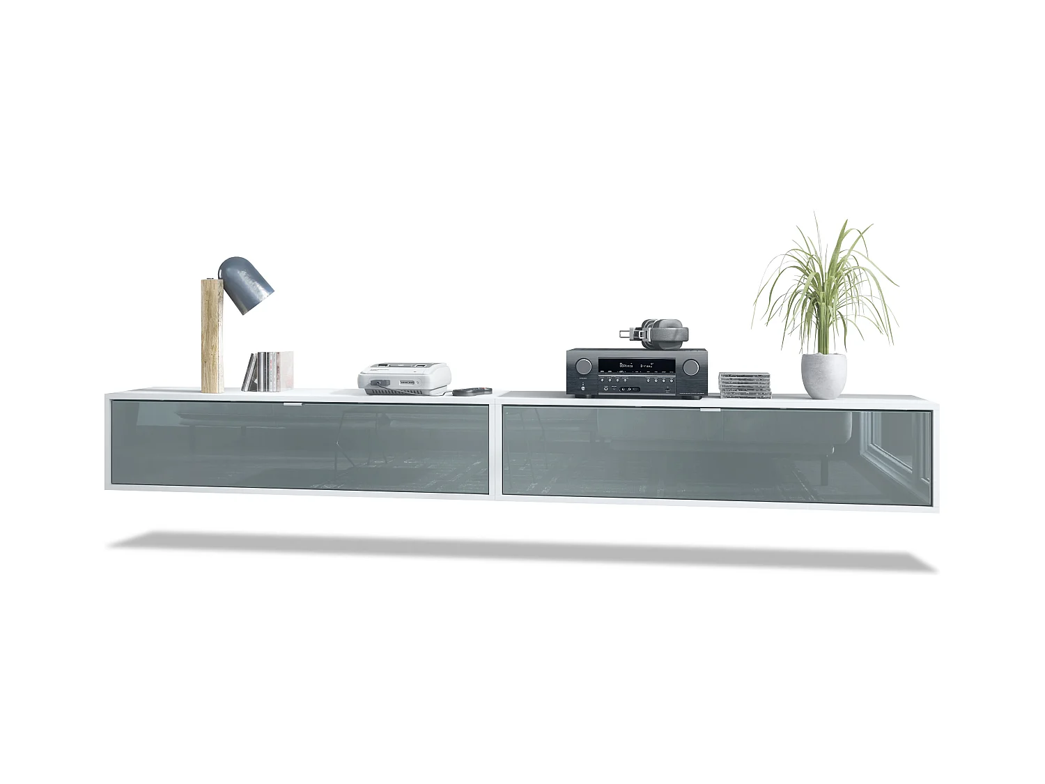 Ensemble de 2 set meuble TV Lana 120, lowboards de 120x29x37 cm chacun avec beaucoup d'espace de rangement, caisson en Blanc mat, façades en Gris brillant