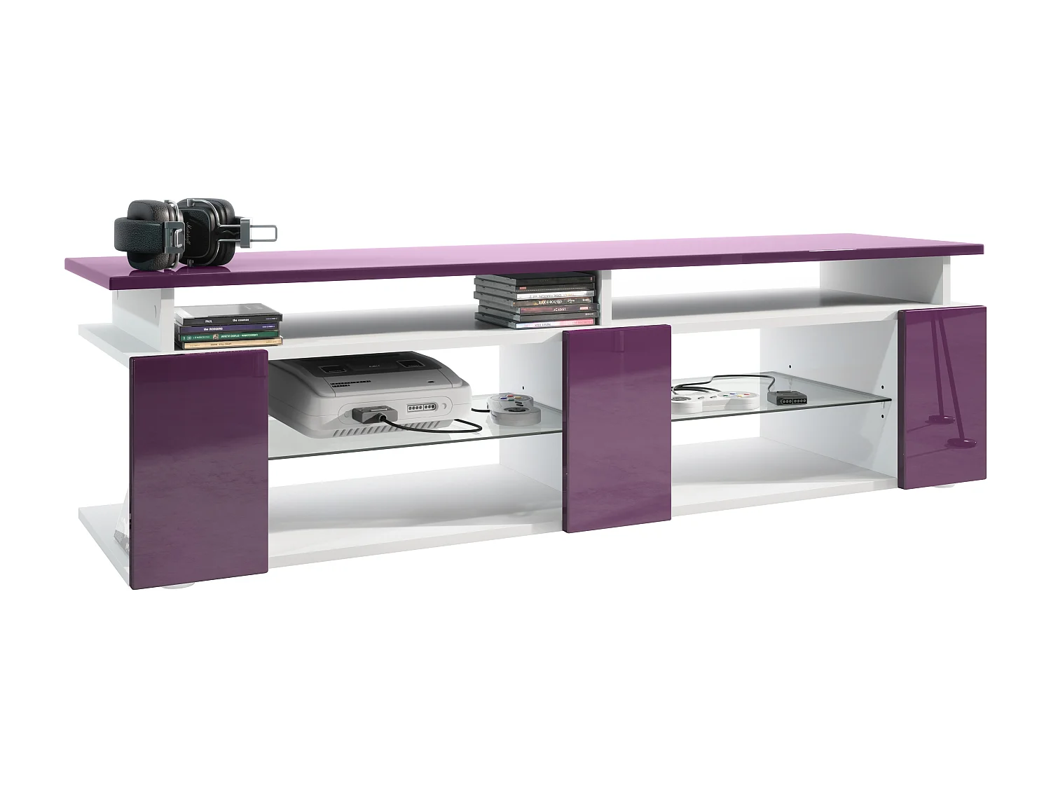 TV Board Movie V2 Game On Lowboard 138,5 x 39 x 39 cm , caisson en blanc mat, façades en mûre haute brillance