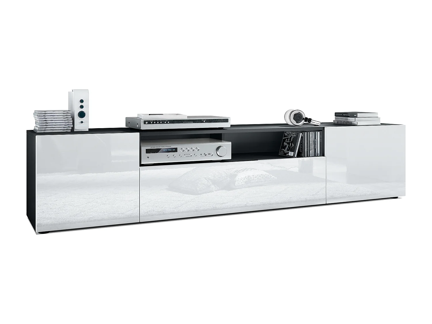 Buffet bas Mogan, Meuble TV avec 2 portes, 1 clapet et 1 compartiment ouvert, Noir mat/Blanc haute brillance (181 x 39 x 35 cm)