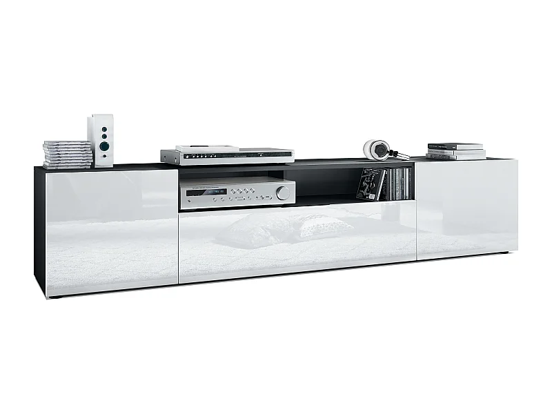 Buffet bas Mogan, Meuble TV avec 2 portes, 1 clapet et 1 compartiment ouvert, Noir mat/Blanc haute brillance (181 x 39 x 35 cm)