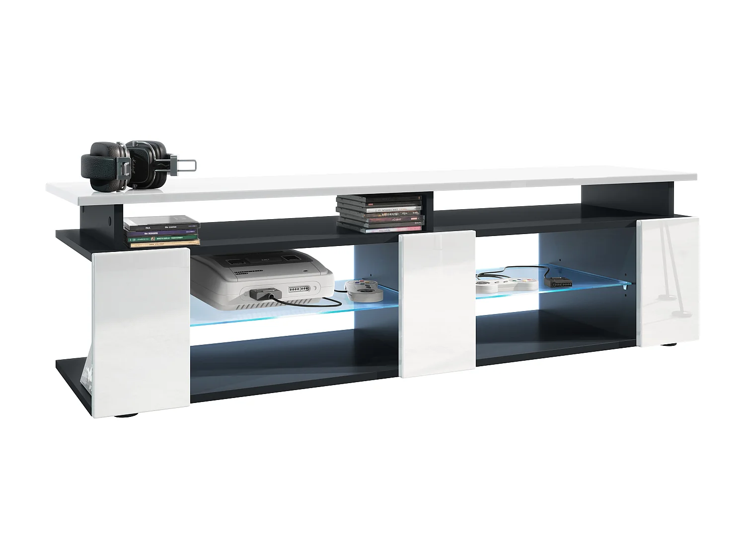 TV Board Movie V2 Game On Lowboard 138,5 x 39 x 39 cm éclairage LED inclus Bleu, caisson en noir mat, façades en blanc haute brillance