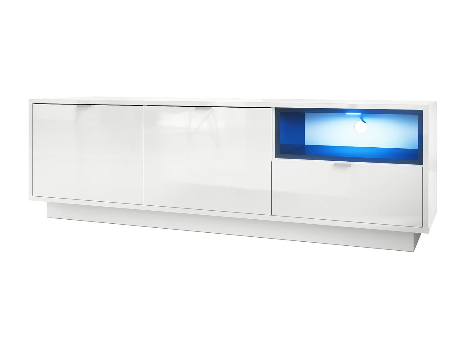 Meuble TV Armoire Metro, Corps en Blanc haute brillance / Façades en Blanc haute brillance avec une insertion en Noir haute brillance, incl. L'éclairage LED