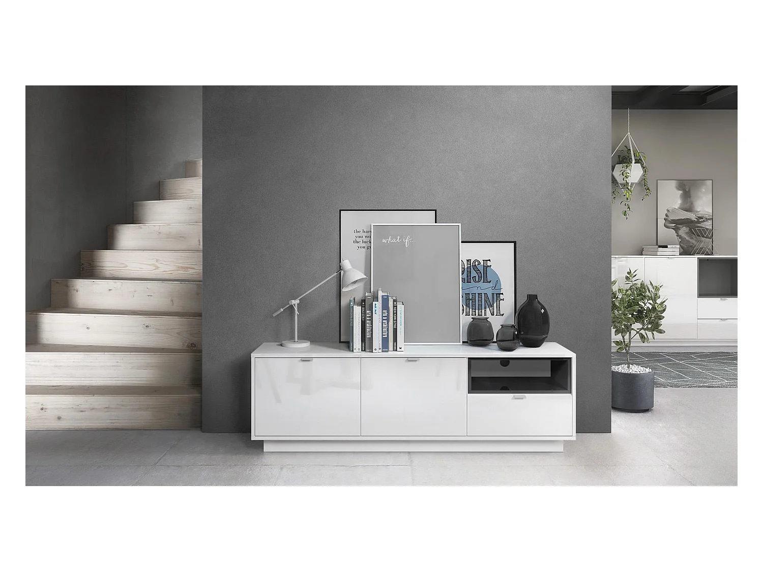 Meuble TV Armoire Metro, Corps en Blanc haute brillance / Façades en Blanc haute brillance avec une insertion en Noir haute brillance, incl. L'éclairage LED