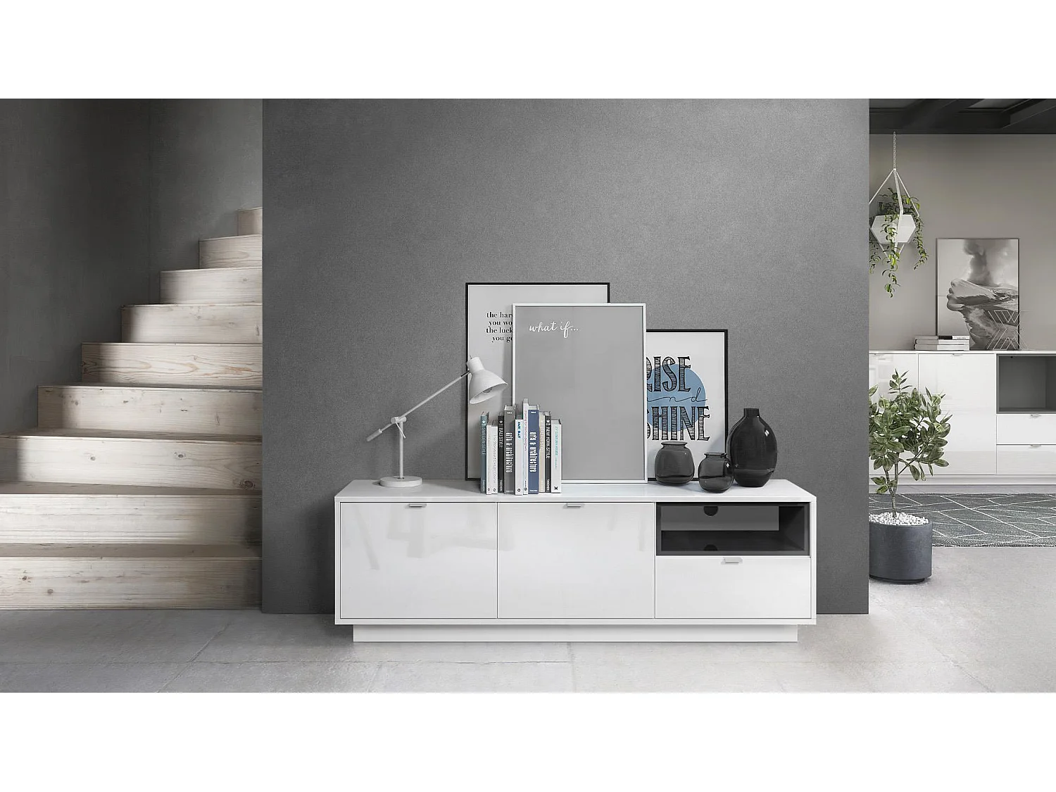 Meuble TV Armoire Metro, Corps en Blanc haute brillance / Façades en Blanc haute brillance avec une insertion en Noir haute brillance, incl. L'éclairage LED