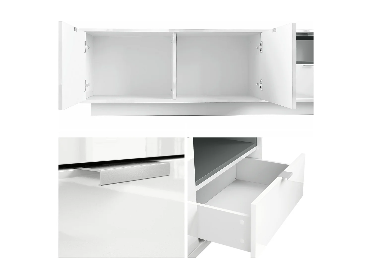 Meuble TV Armoire Metro, Corps en Blanc haute brillance / Façades en Blanc haute brillance avec une insertion en Noir haute brillance, incl. L'éclairage LED