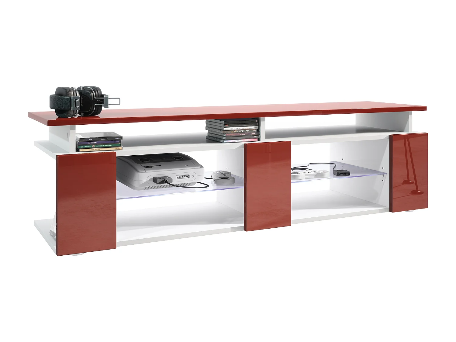 TV Board Movie V2 Game On Lowboard 138,5 x 39 x 39 cm éclairage LED inclus Blanc, caisson en blanc mat, façades en bordeaux haute brillance