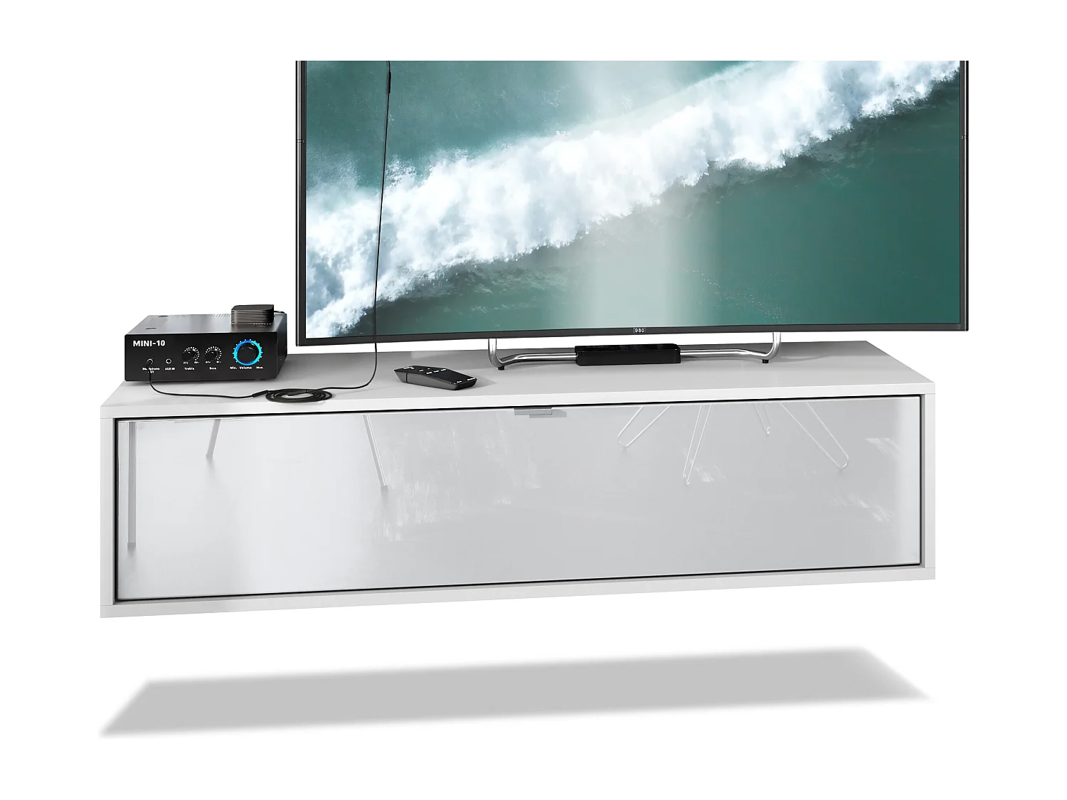 TV Board Lana 120 mobile da parete Porta TV 120 x 29 x 37 cm, struttura in bianco opaco, frontali in bianco lucido | Ampia scelta di colori