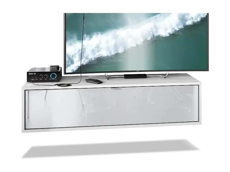 Meuble TV Lana 120 armoire murale lowboard 120 x 29 x 37 cm, caisson en Blanc mat, façades en Blanc haute brillance | Grand choix de couleurs