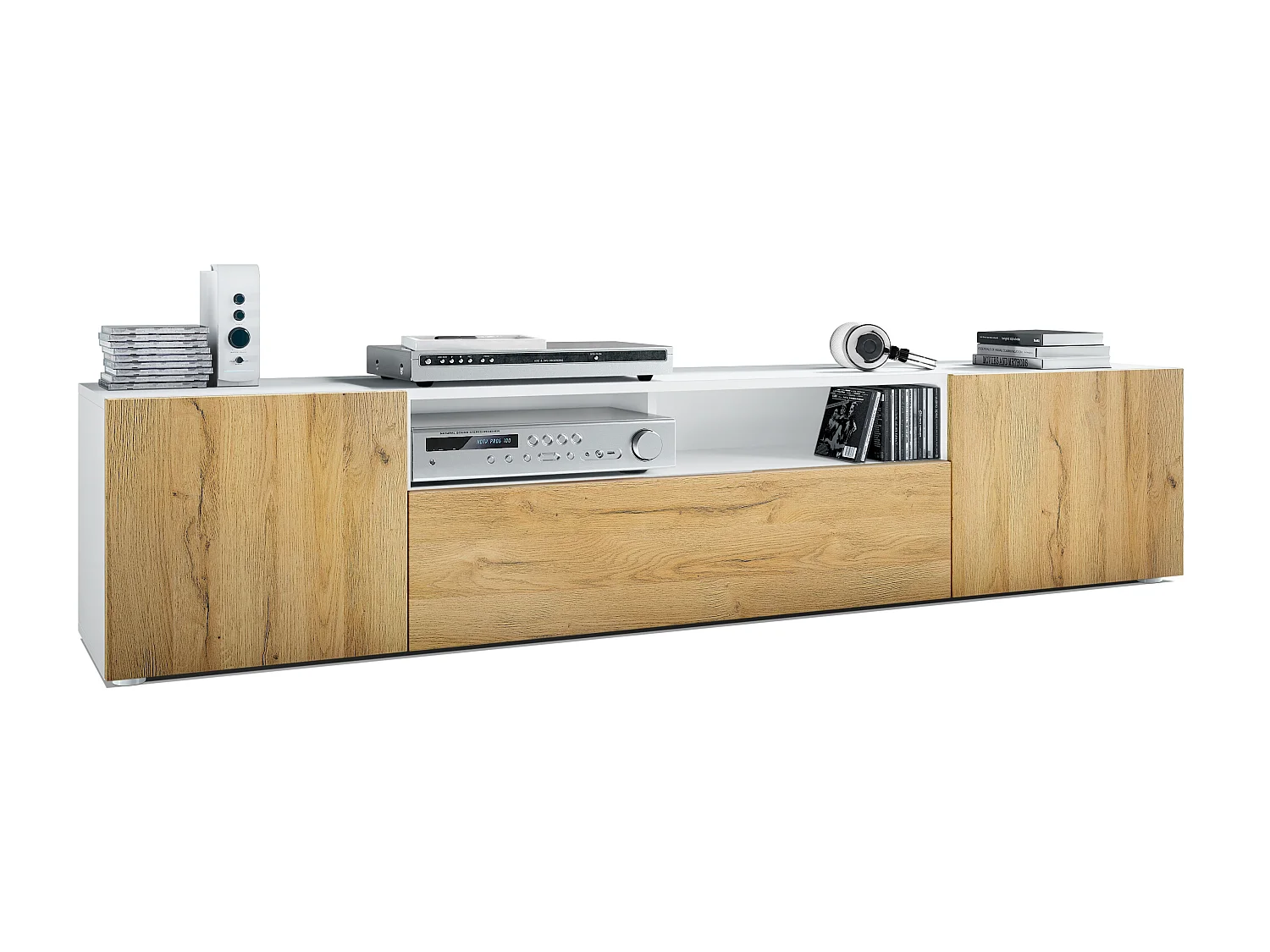 Buffet bas Mogan, Meuble TV avec 2 portes, 1 clapet et 1 compartiment ouvert, Blanc mat/Chêne Nature (181 x 39 x 35 cm)