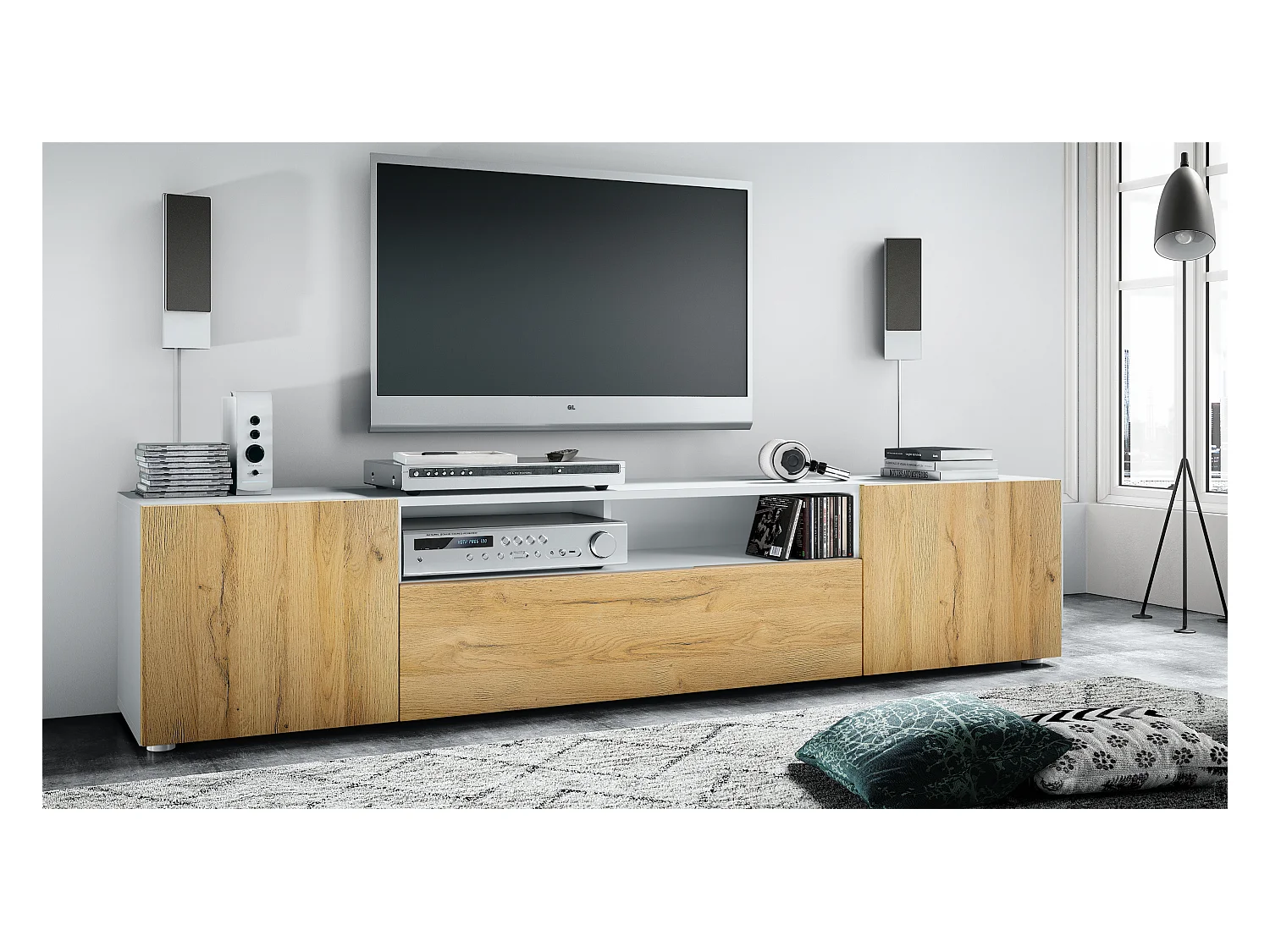 Buffet bas Mogan, Meuble TV avec 2 portes, 1 clapet et 1 compartiment ouvert, Blanc mat/Chêne Nature (181 x 39 x 35 cm)