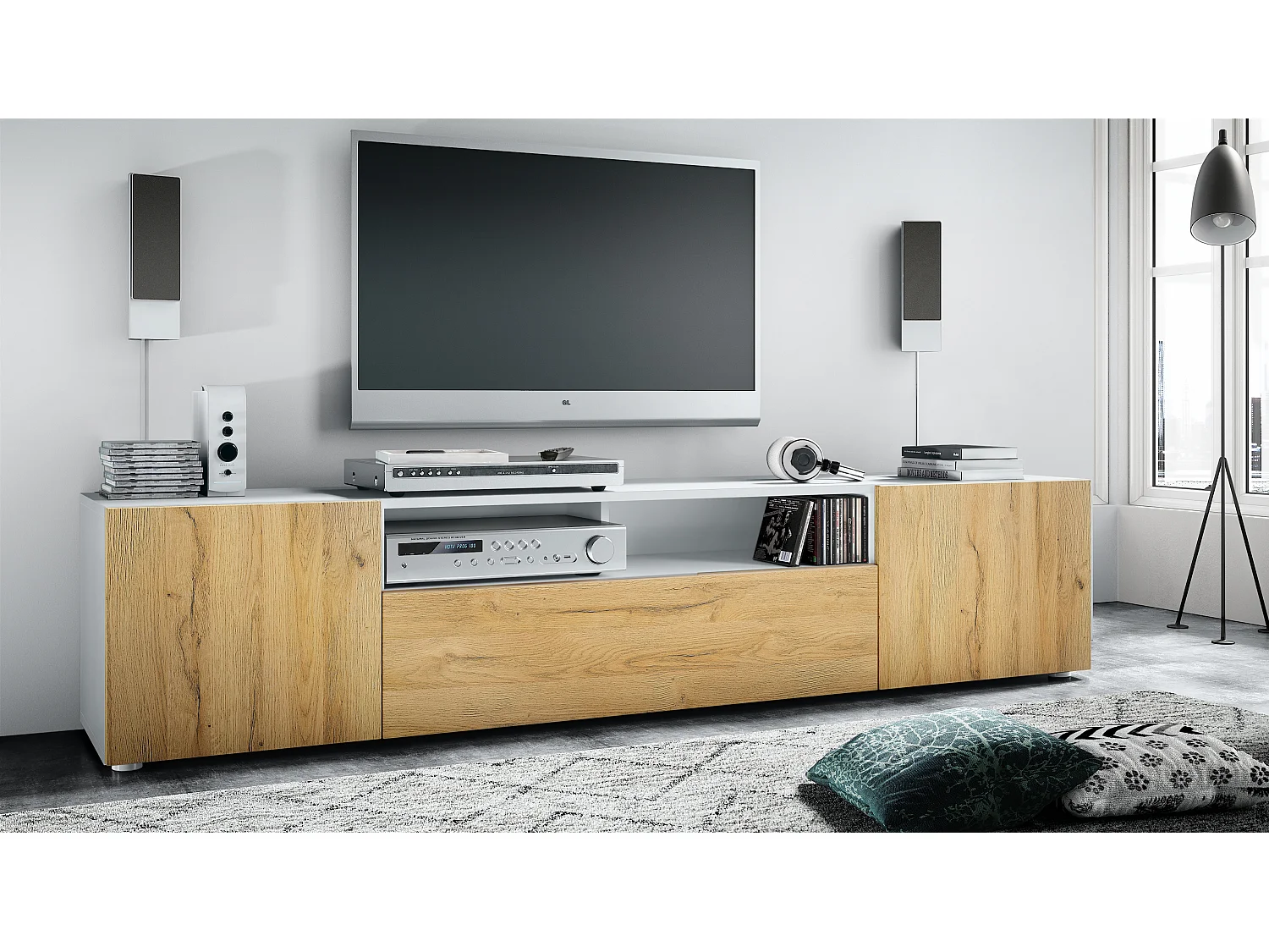 Buffet bas Mogan, Meuble TV avec 2 portes, 1 clapet et 1 compartiment ouvert, Blanc mat/Chêne Nature (181 x 39 x 35 cm)