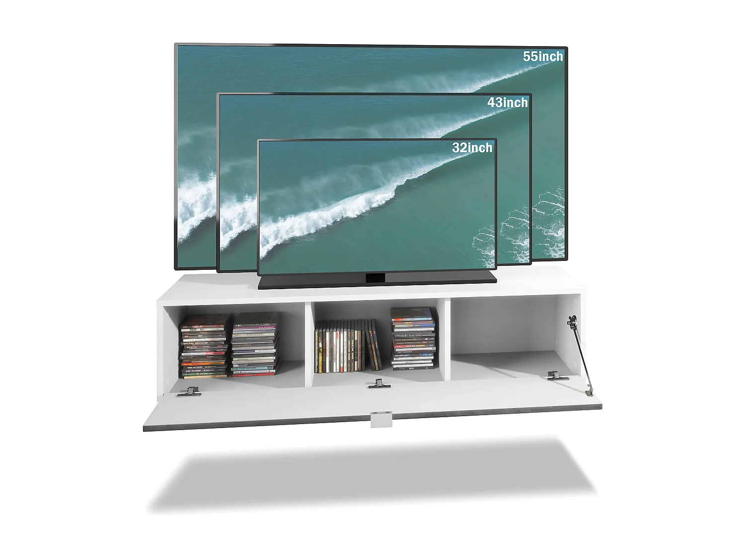 Meuble TV Lana 120 armoire murale lowboard 120 x 29 x 37 cm, caisson en Blanc mat, façades en Noir haute brillance | Grand choix de couleurs