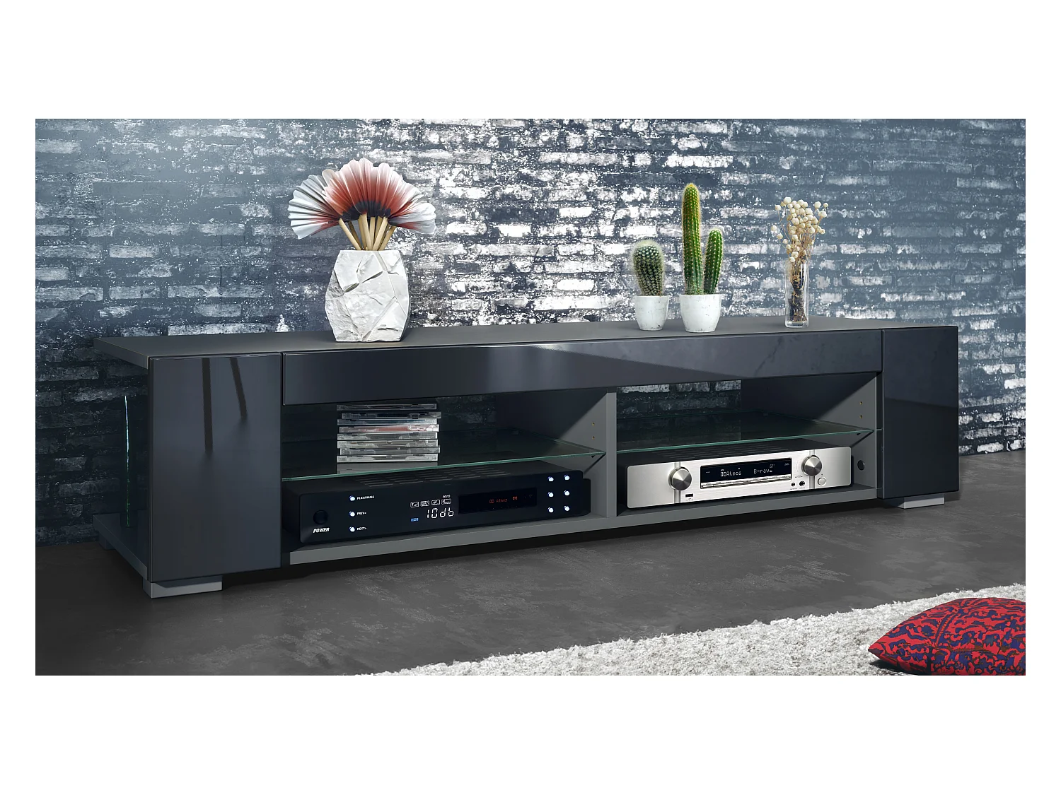 Meuble TV Movie, meuble TV avec 4 compartiments ouverts et moulures décoratives, anthracite mat/ (134,5 x 30,5 x 38,5 cm)