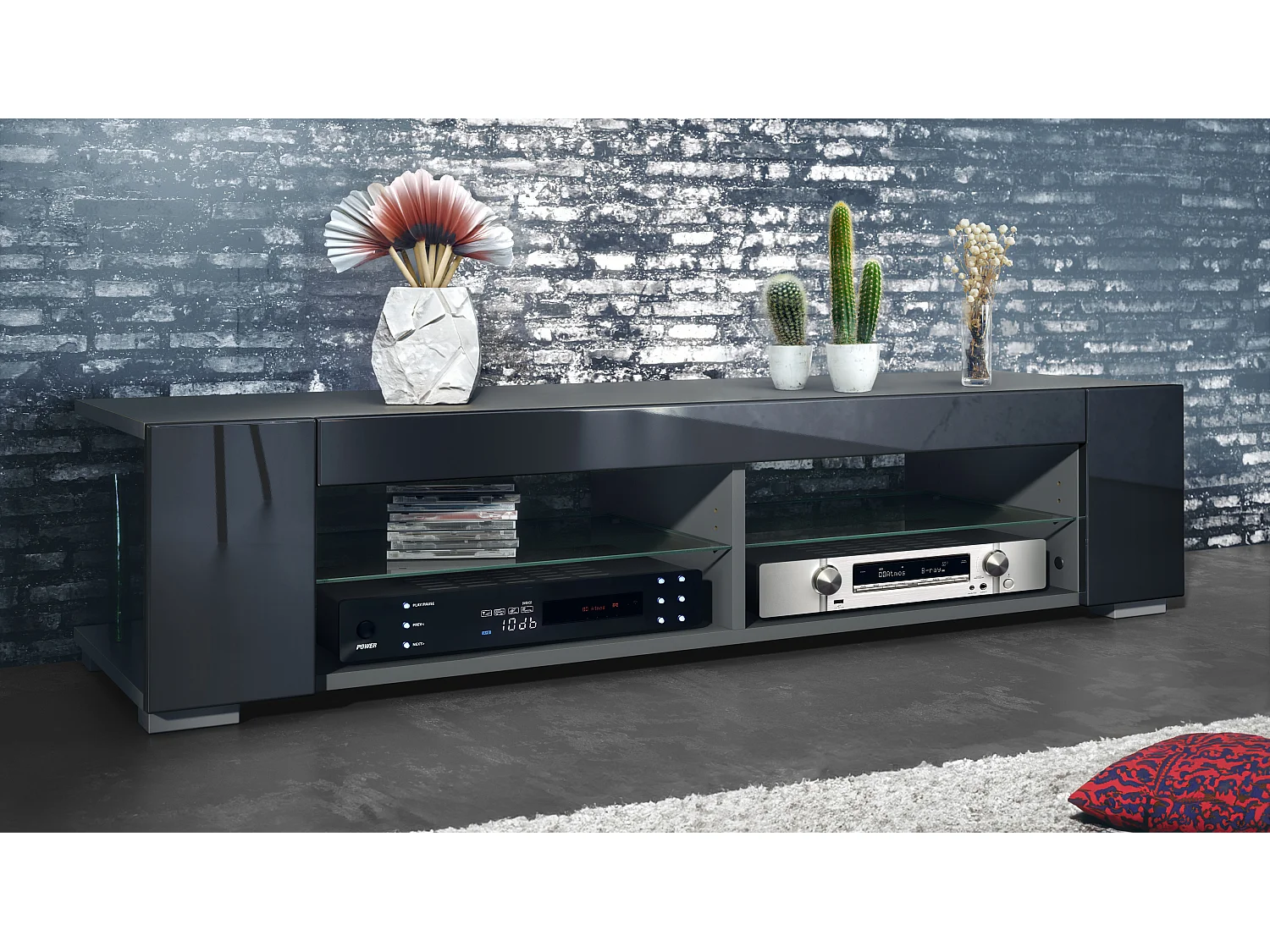 Meuble TV Movie, meuble TV avec 4 compartiments ouverts et moulures décoratives, anthracite mat/ (134,5 x 30,5 x 38,5 cm)