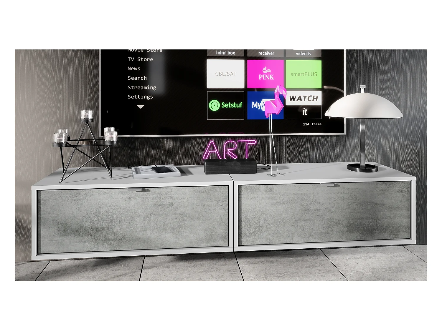 Ensemble de 2 set meuble TV Lana 80, lowboards de 80 x 29 x 37 cm chacun avec beaucoup d'espace de rangement, caisson en Blanc mat, façades en Aspect Béton Oxyde