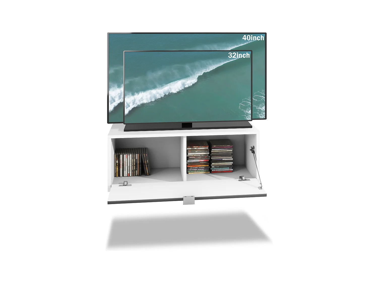 Ensemble de 2 set meuble TV Lana 80, lowboards de 80 x 29 x 37 cm chacun avec beaucoup d'espace de rangement, caisson en Blanc mat, façades en Aspect Béton Oxyde