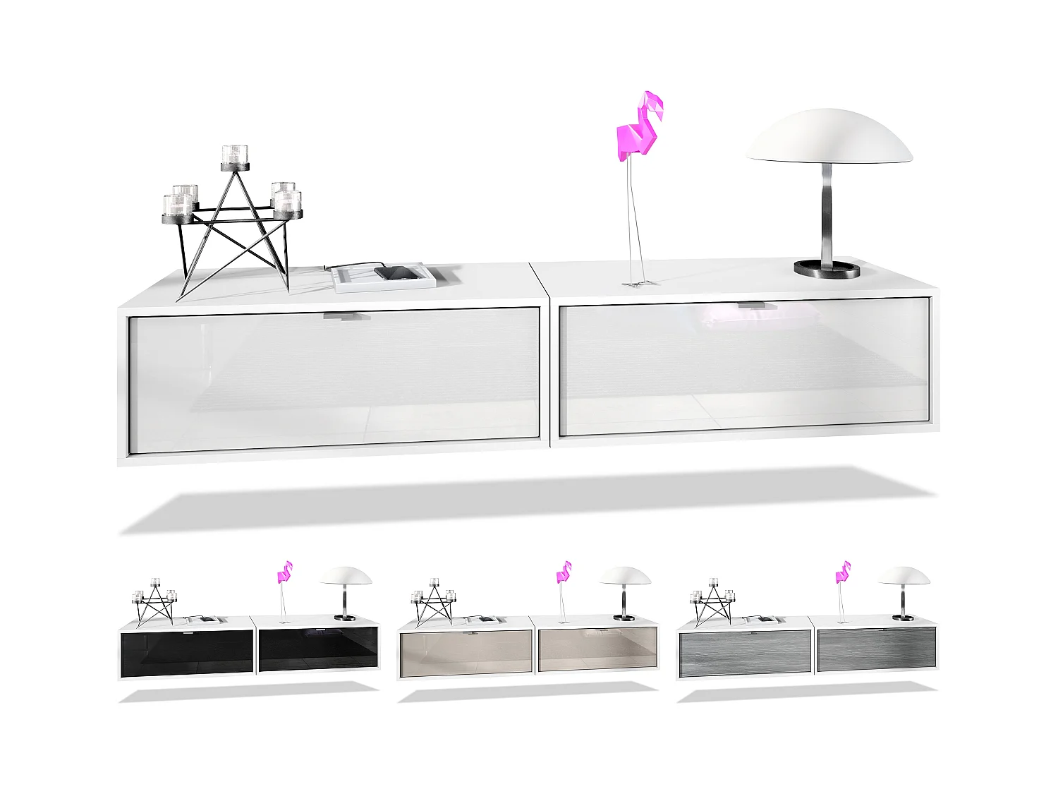 Ensemble de 2 set meuble TV Lana 80, lowboards de 80 x 29 x 37 cm chacun avec beaucoup d'espace de rangement, caisson en Blanc mat, façades en Aspect Béton Oxyde