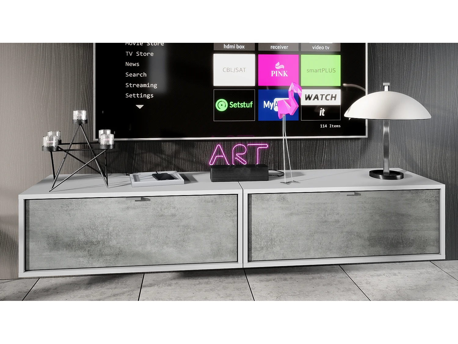 TV Board Lana 80 mobile da parete Porta TV 80 x 29 x 37 cm, struttura in bianco opaco, frontali in grigio ossido di cemento | Ampia scelta di colori