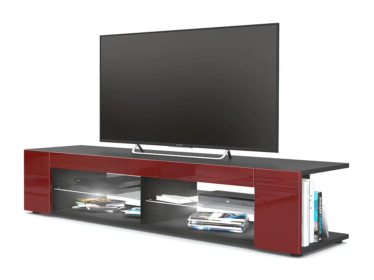 Buffet bas Movie, Meuble TV avec 4 compartiments ouverts et placages décoratifs, Noir mat/Bordeaux brillant, éclairage LED blanc inclus (134 x 29 x 39 cm)