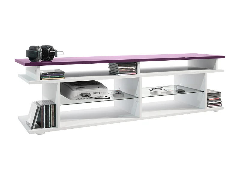 TV Board Movie V3 Game On 138,5 x 39 x 37,5 cm , caisson en blanc mat, élément supérieur en mûre haute brillance