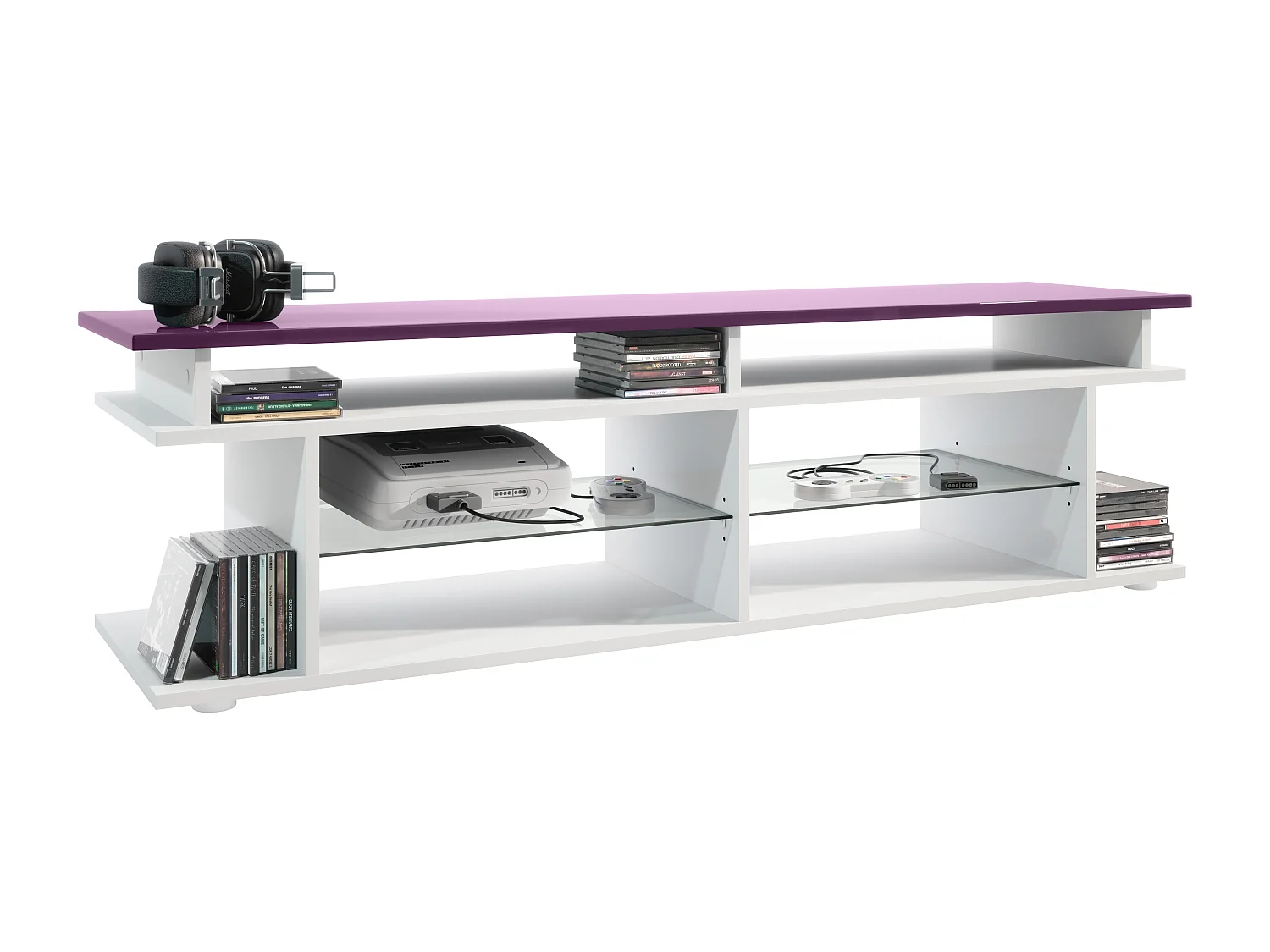 TV Board Movie V3 Game On 138,5 x 39 x 37,5 cm , caisson en blanc mat, élément supérieur en mûre haute brillance