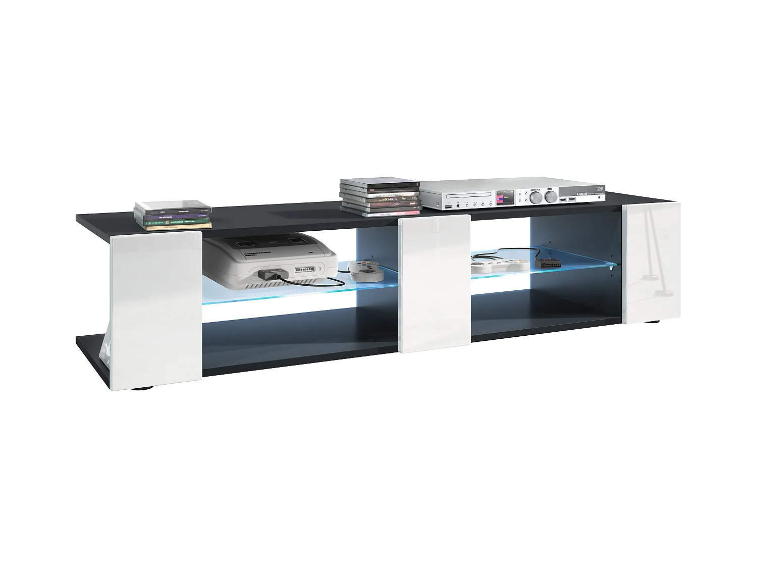 Buffet bas Movie V2, Meuble TV avec 6 compartiments ouverts et placages décoratifs, Noir mat/Blanc brillant, éclairage LED bleu inclus (134 x 29 x 39 cm)