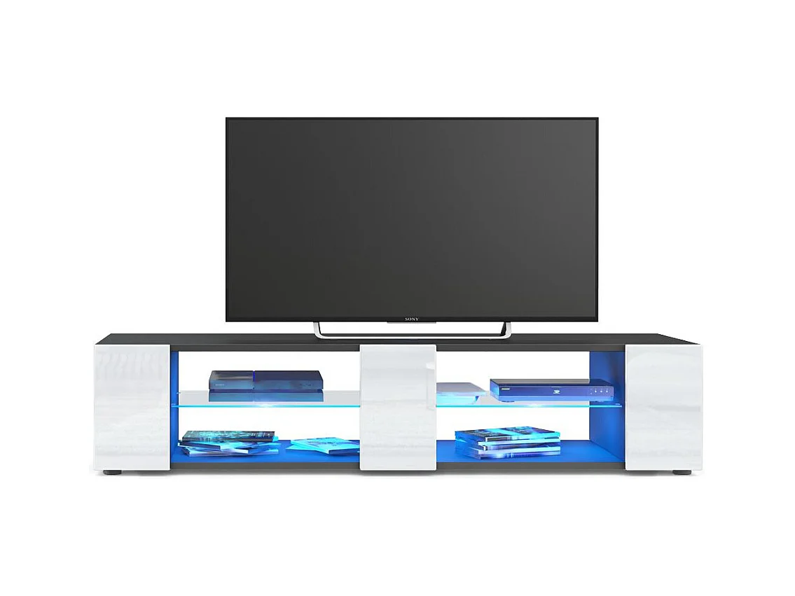 Buffet bas Movie V2, Meuble TV avec 6 compartiments ouverts et placages décoratifs, Noir mat/Blanc brillant, éclairage LED bleu inclus (134 x 29 x 39 cm)