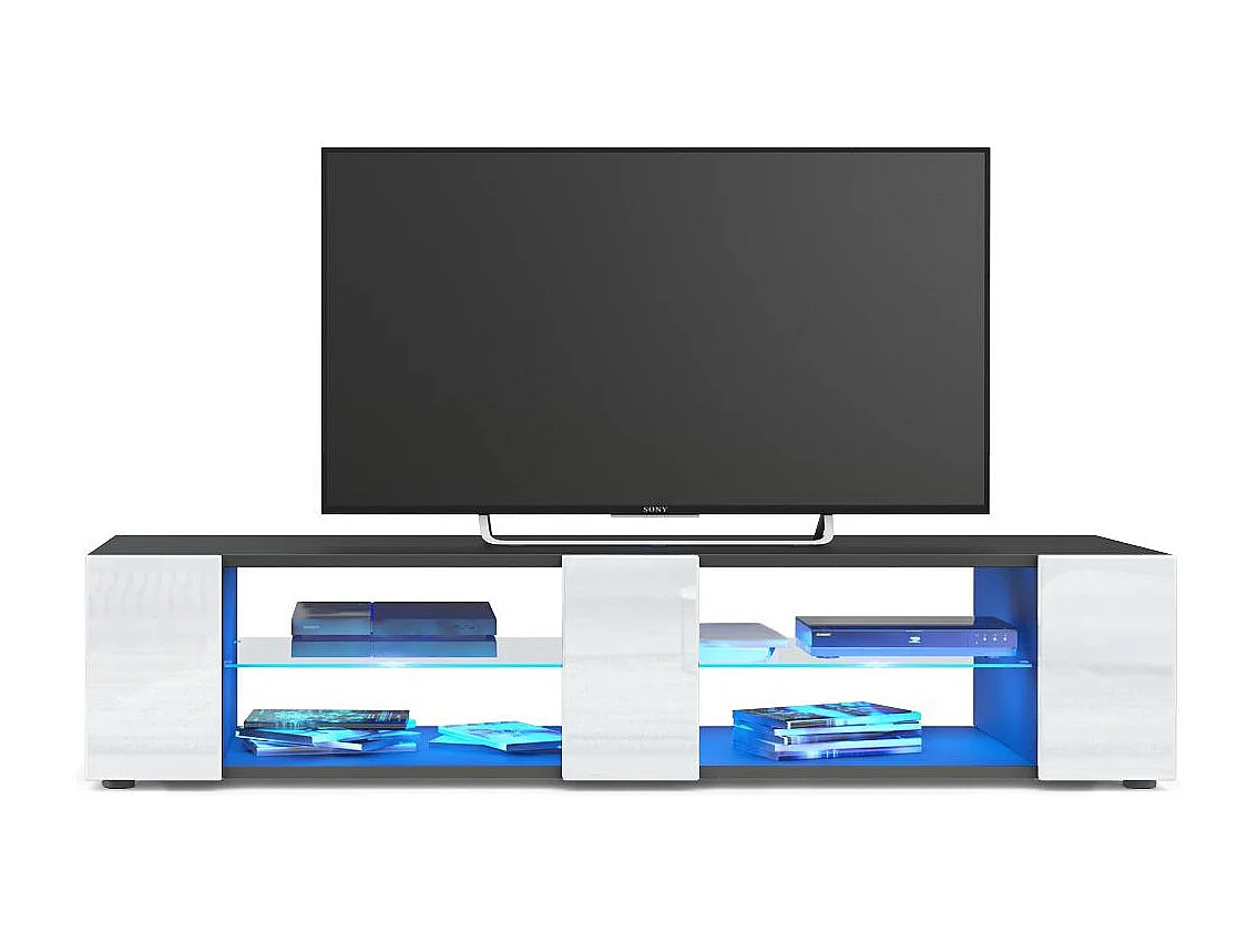 Buffet bas Movie V2, Meuble TV avec 6 compartiments ouverts et placages décoratifs, Noir mat/Blanc brillant, éclairage LED bleu inclus (134 x 29 x 39 cm)