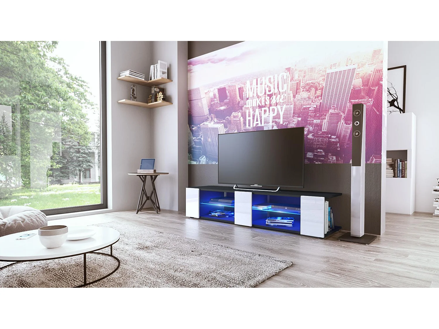 Buffet bas Movie V2, Meuble TV avec 6 compartiments ouverts et placages décoratifs, Noir mat/Blanc brillant, éclairage LED bleu inclus (134 x 29 x 39 cm)